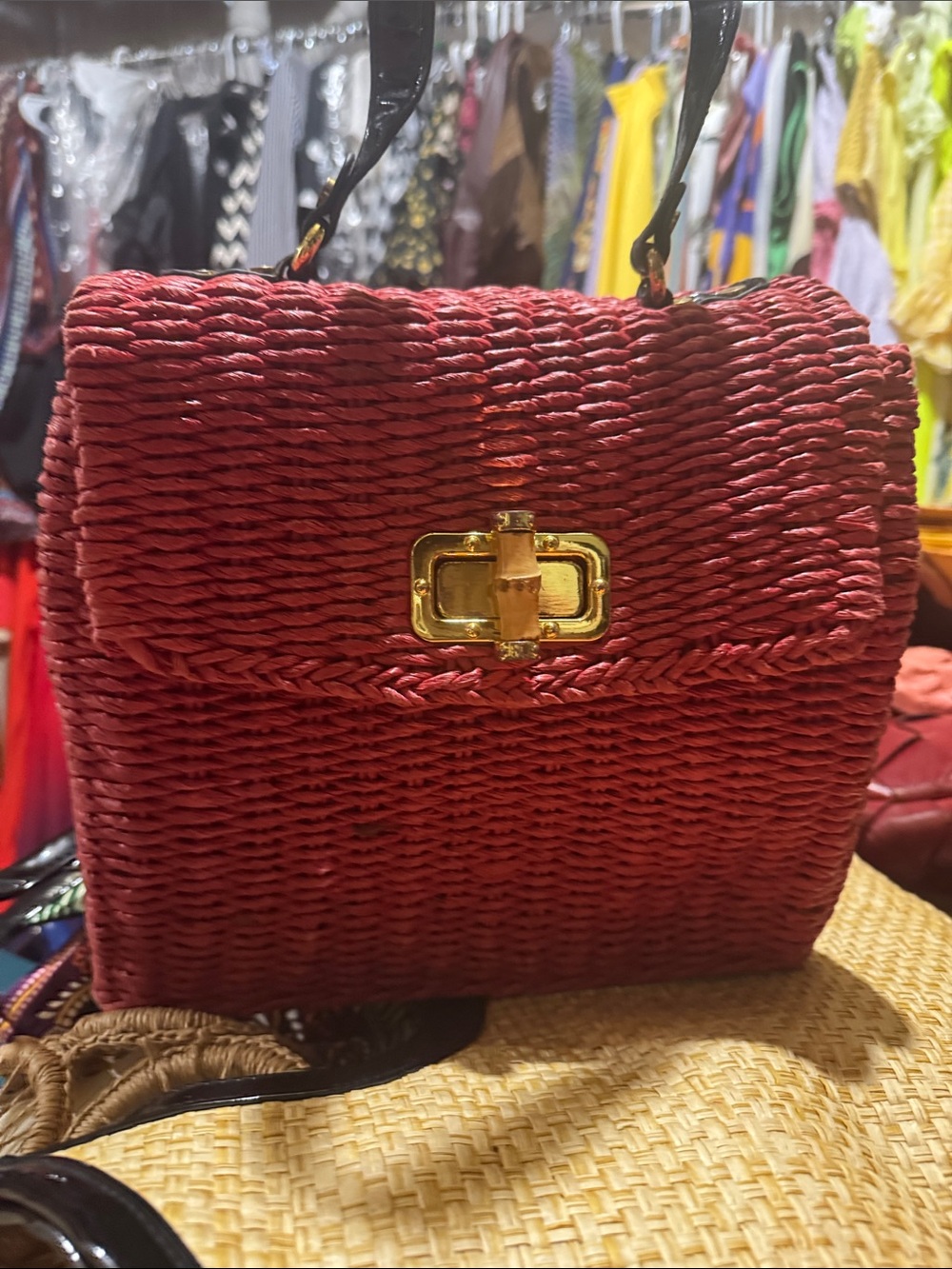 Red Woven Top-Handle Bag with Gold Accent - Picture 4 of 4